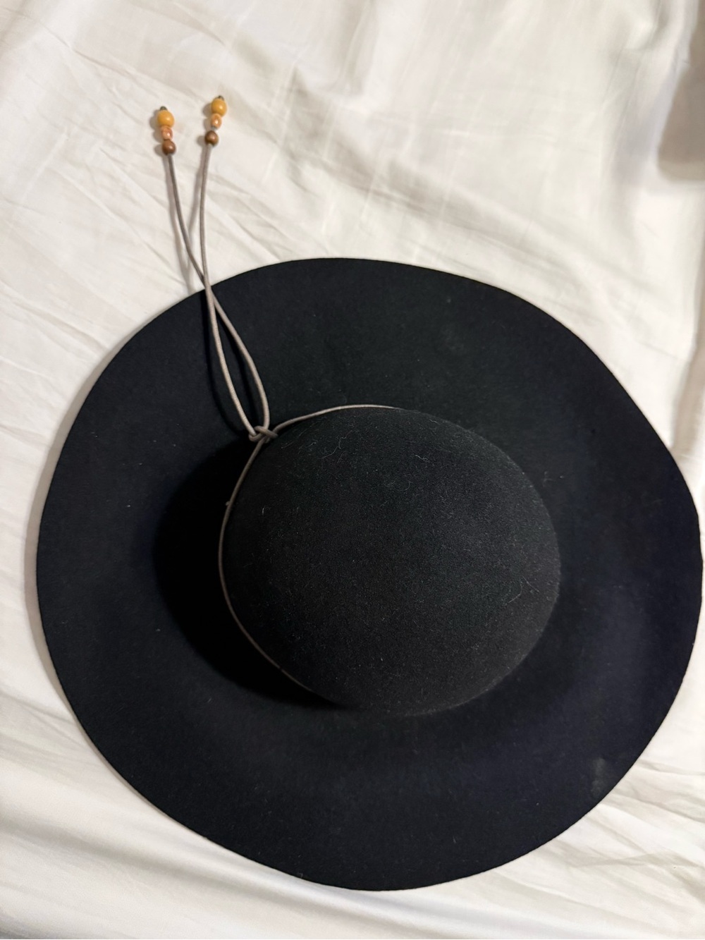 Vintage Black Wool Felt Floppy Hat Boho Wide Brim Beaded Cord Band